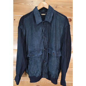 VTG La Matta Men's Jacket Perforated Suede Linen Size 56 Button Up Blue Italy